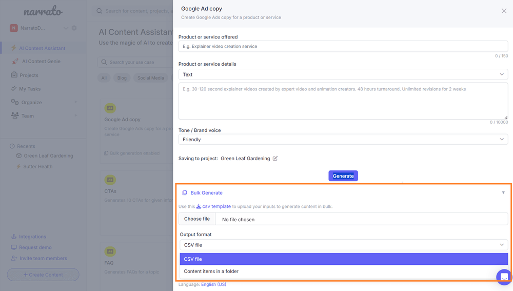 AI bulk content generation on Narrato