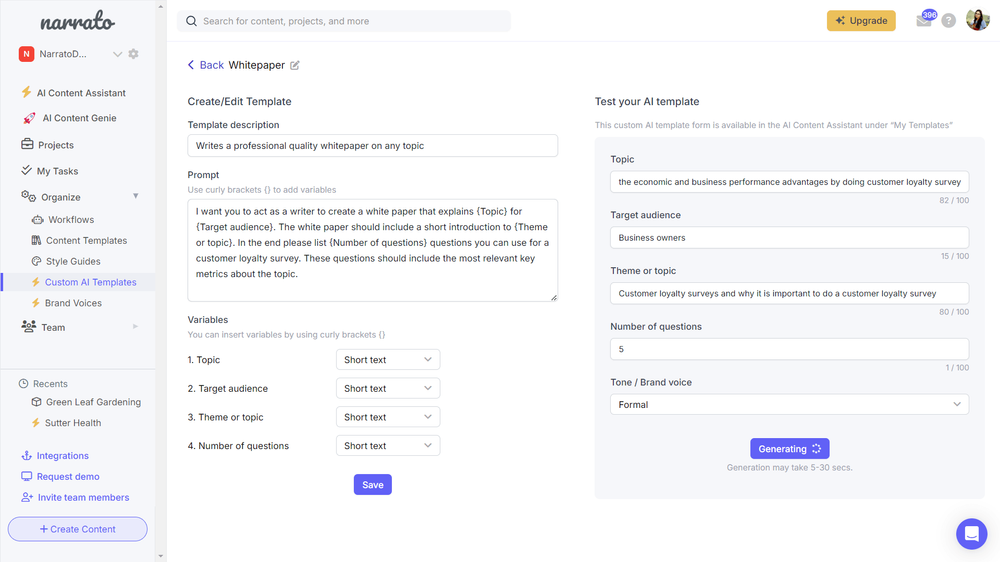Custom AI templates on Narrato