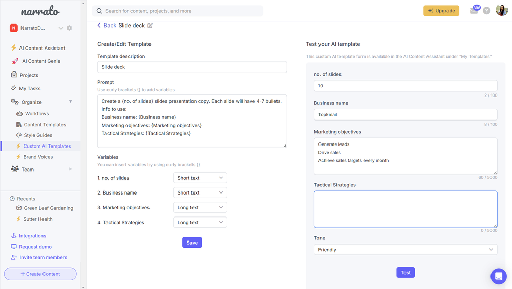 Custom AI templates on Narrato