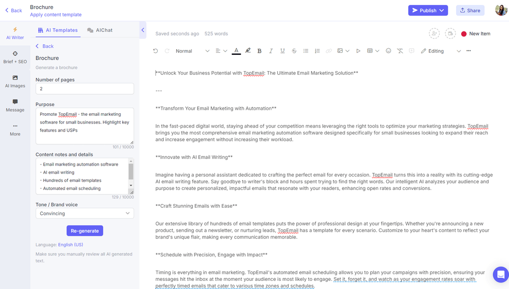 AI product brochure generator on Narrato