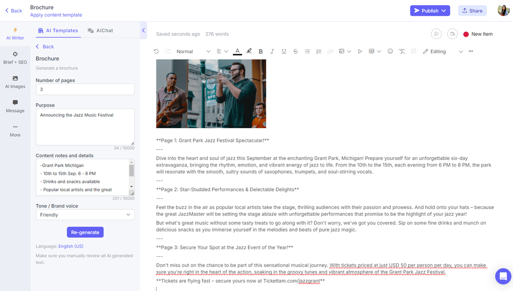 AI event brochure generator on Narrato