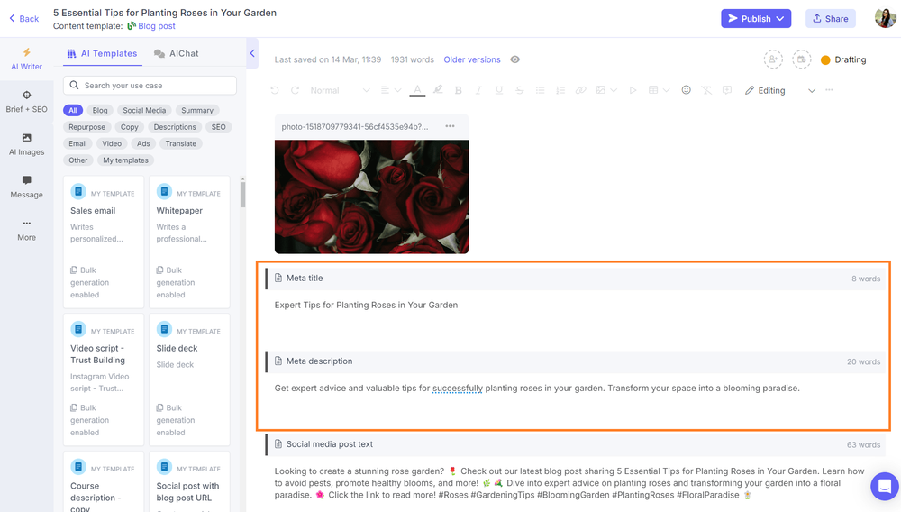 SEO meta title and meta description generator on Narrato