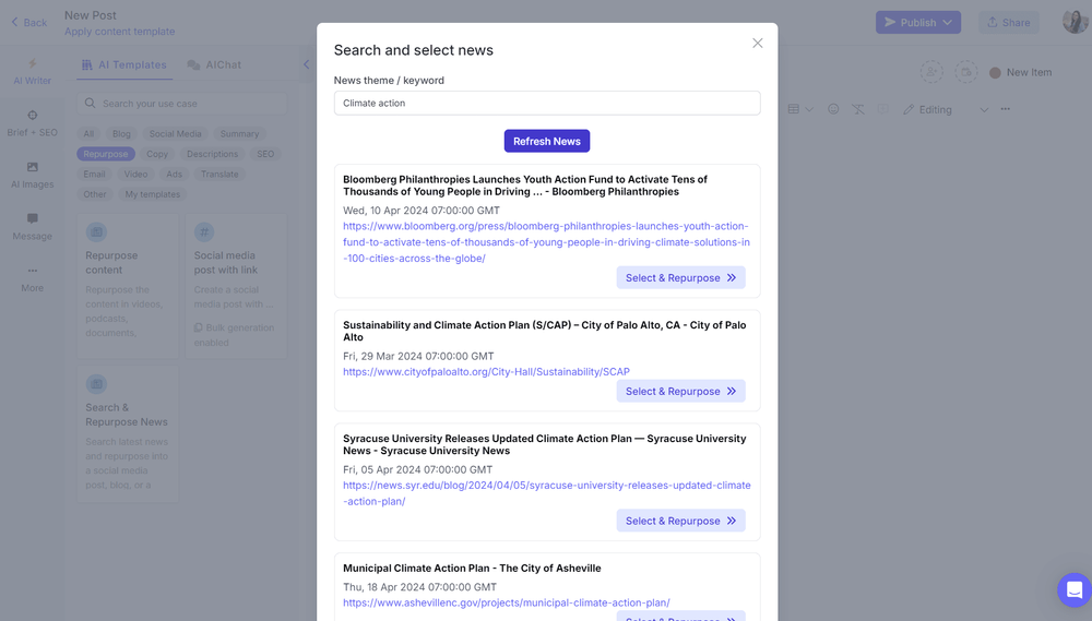 Search and repurpose news content