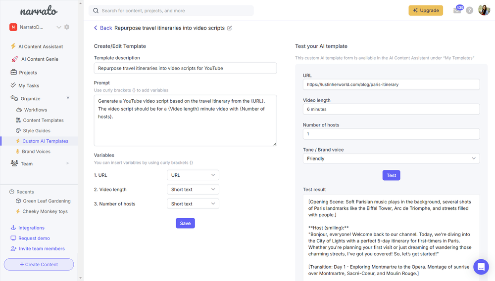 Custom AI templates on Narrato