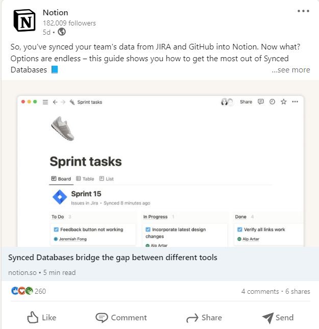 Notion LinkedIn post - Notion content marketing strategy