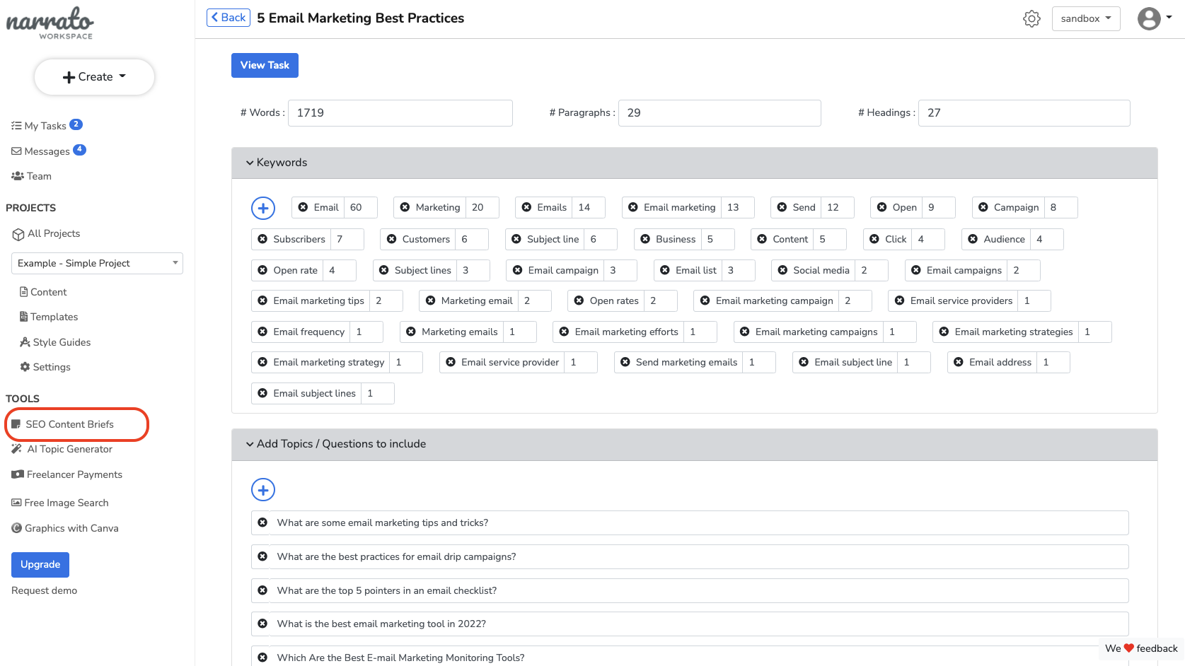 SEO content briefs on Narrato