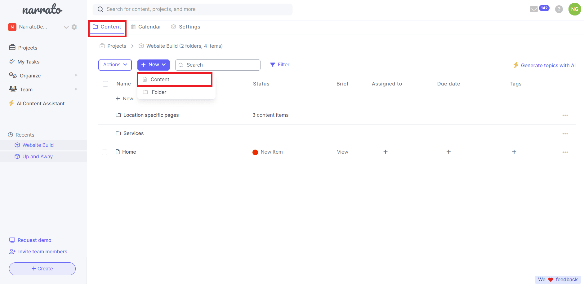 Narrato Workspace - Create a new content item
