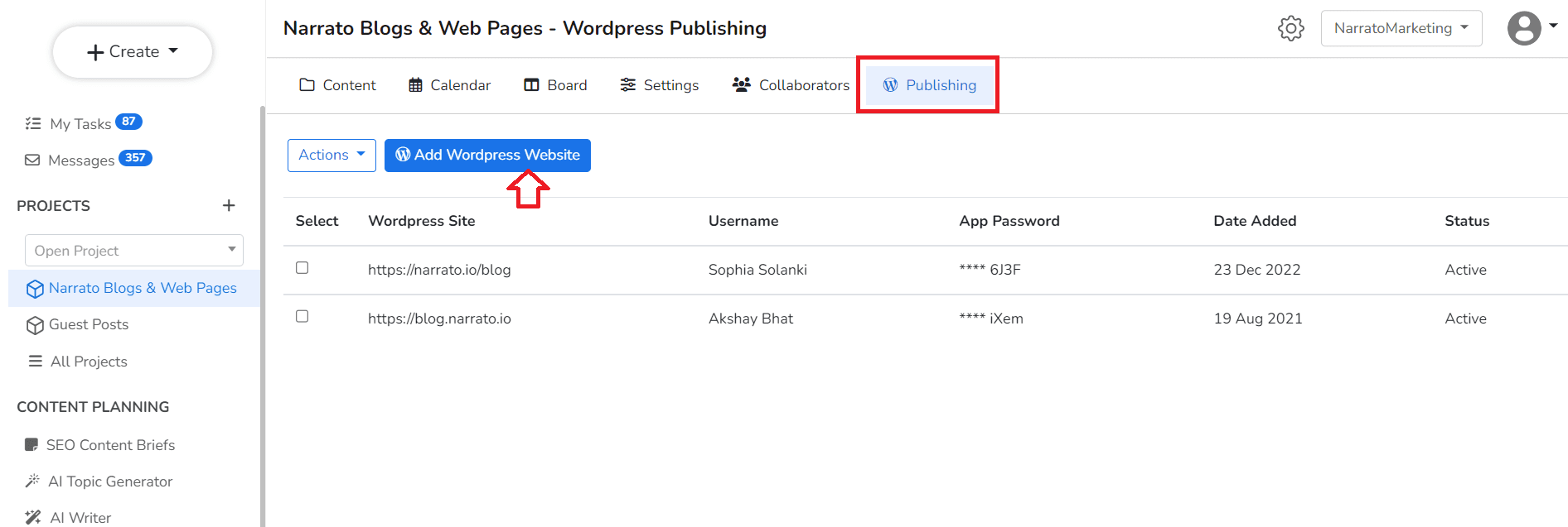 Content publishing automation on Narrato