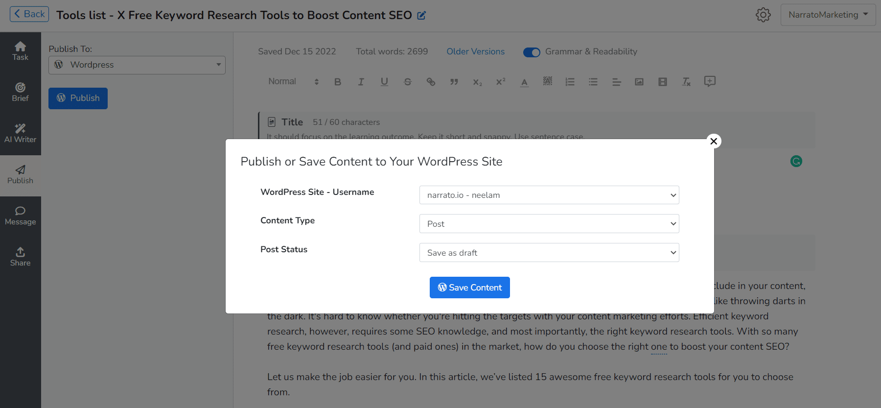 Content publishing automation - Narrato