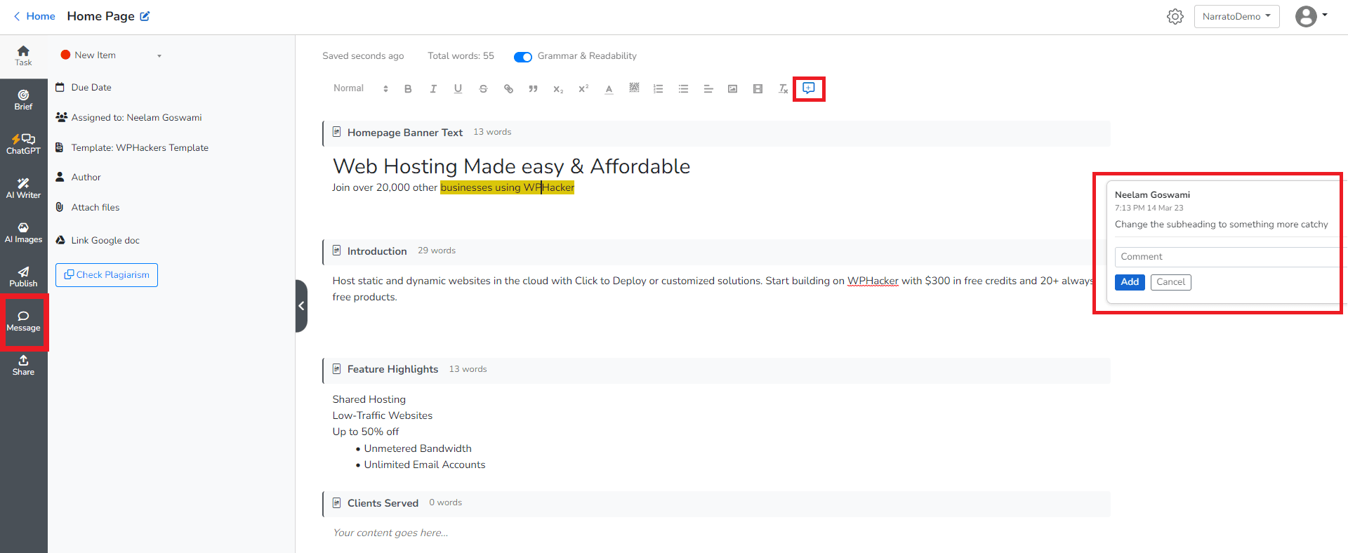 Narrato Workspace - in-line comments