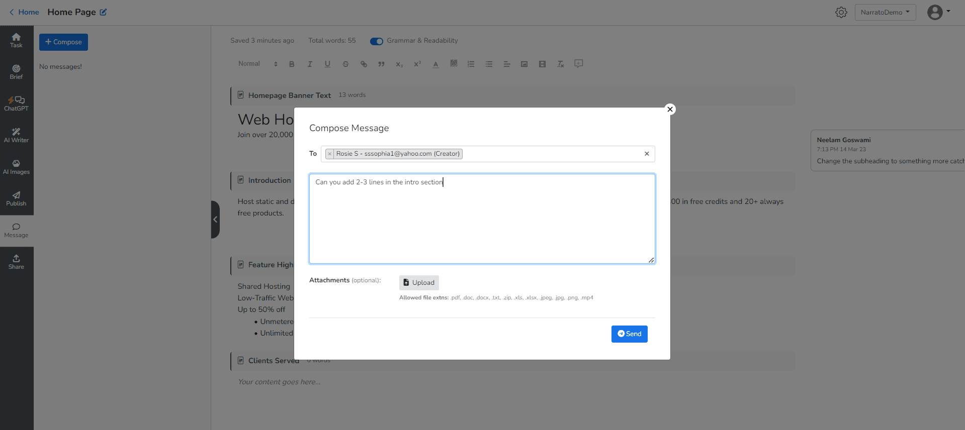 Narrato Workspace - Sending a message