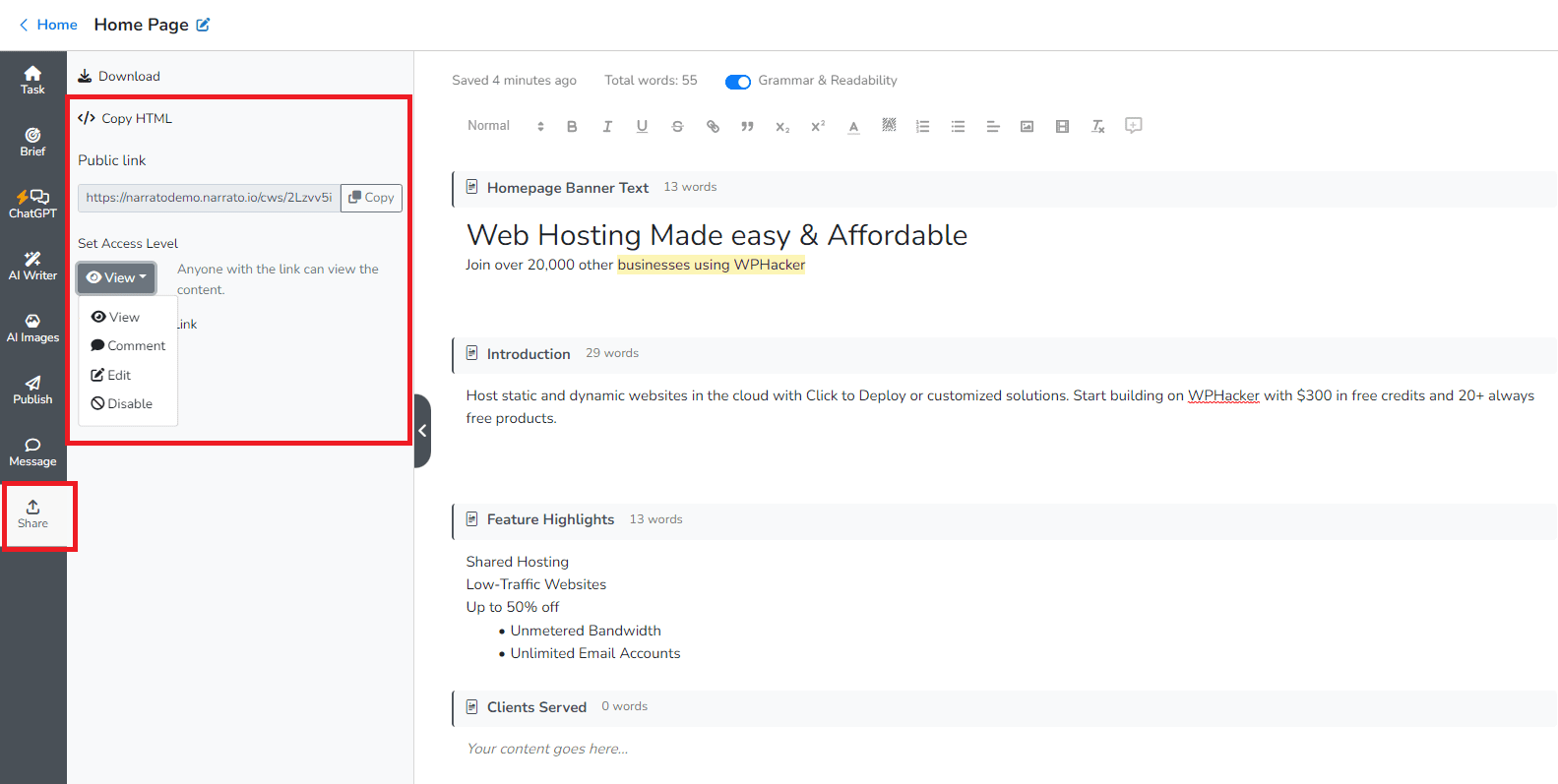 Narrato Workspace - Publicly sharable links