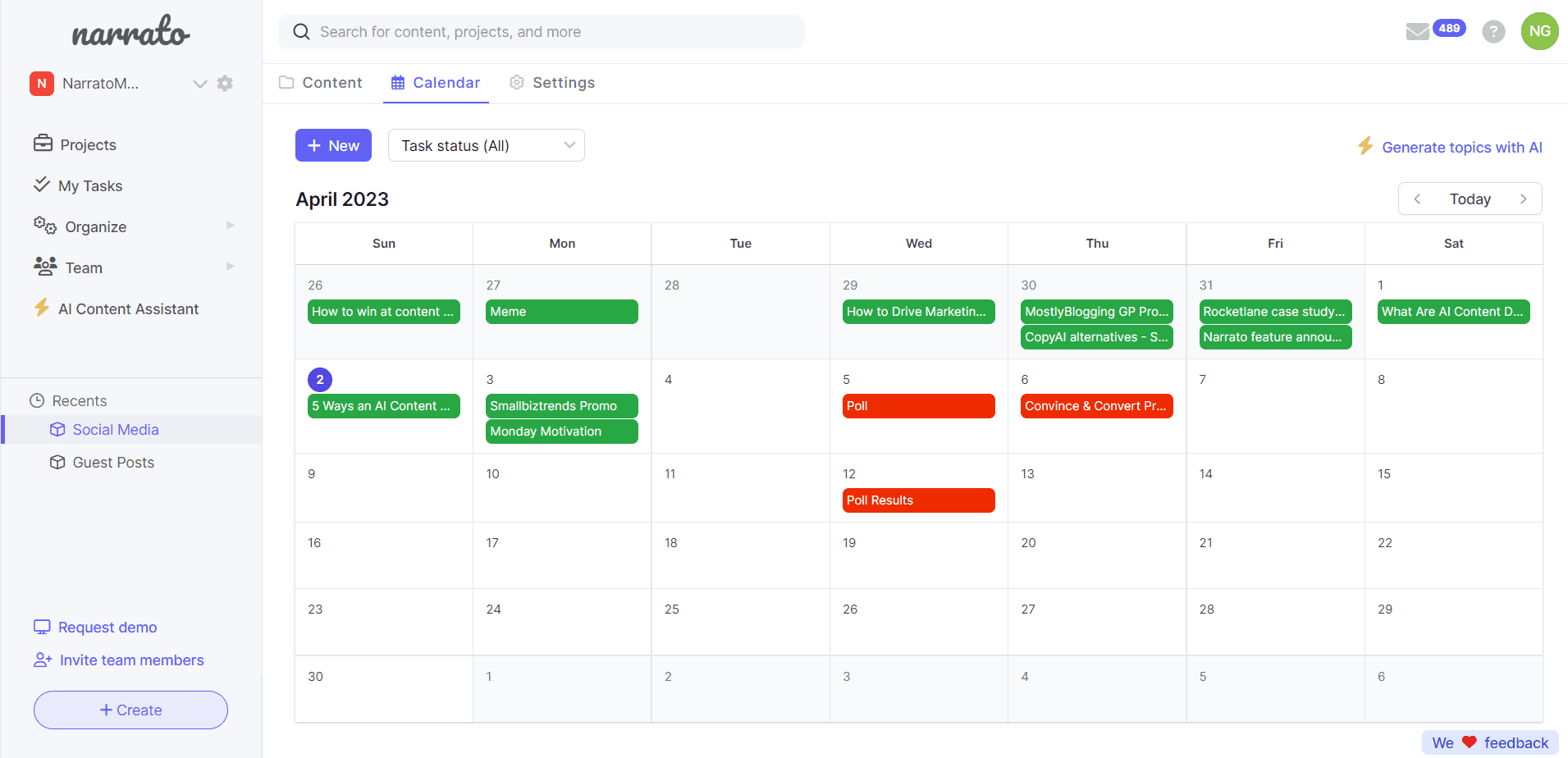 Content distribution calendar built on Narrato
