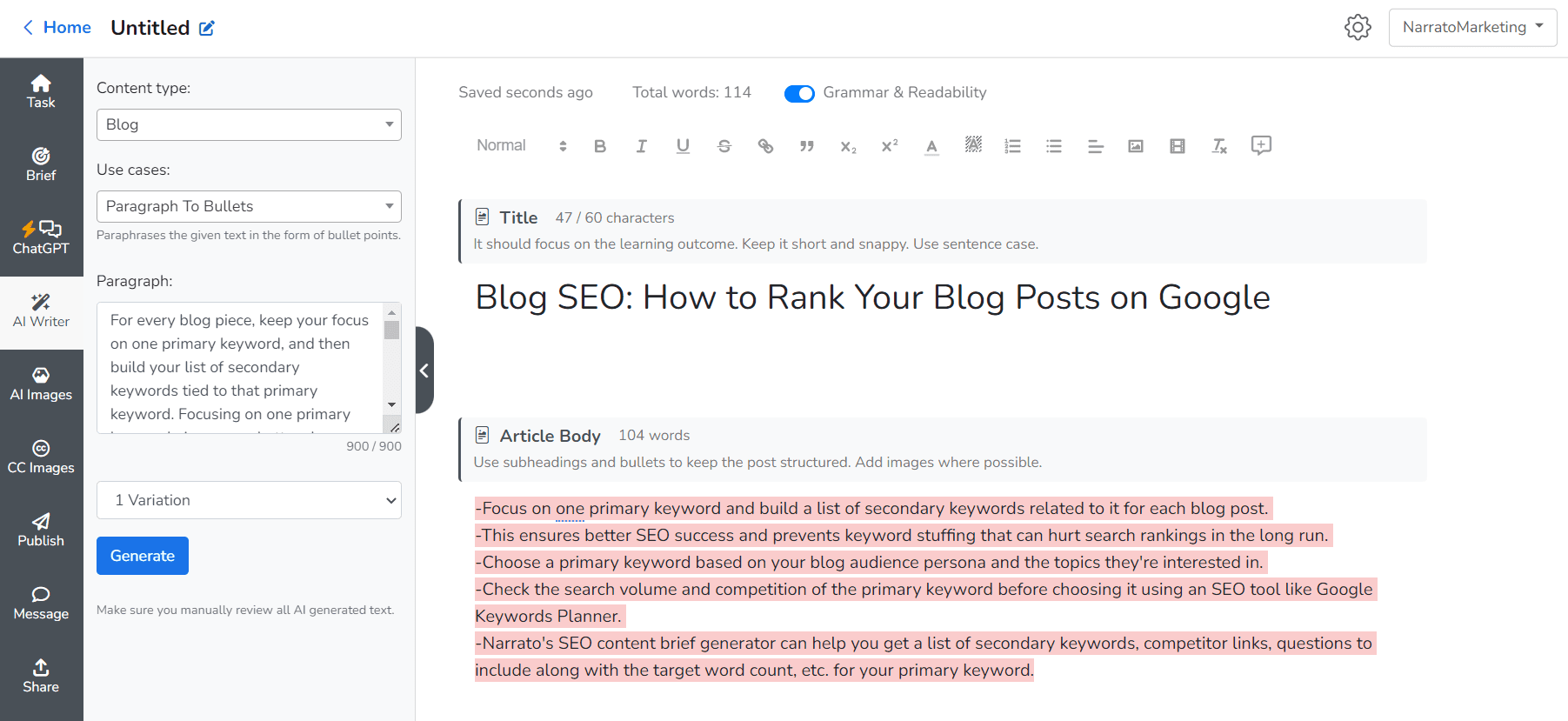 Narrato AI writer to help with content repurposing for content distribution on various channels
