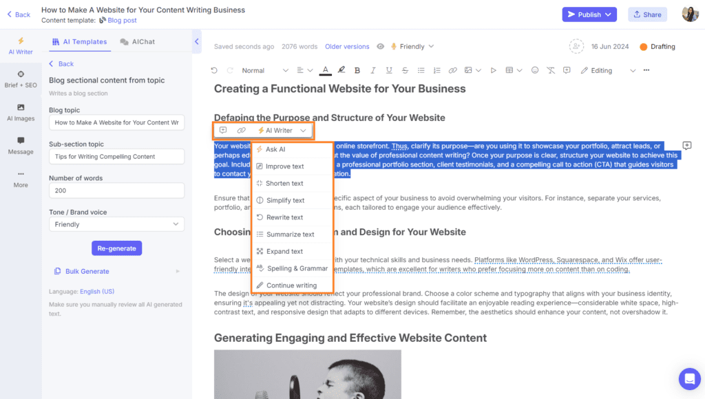 in-line AI assistant on AI blog writer - Narrato