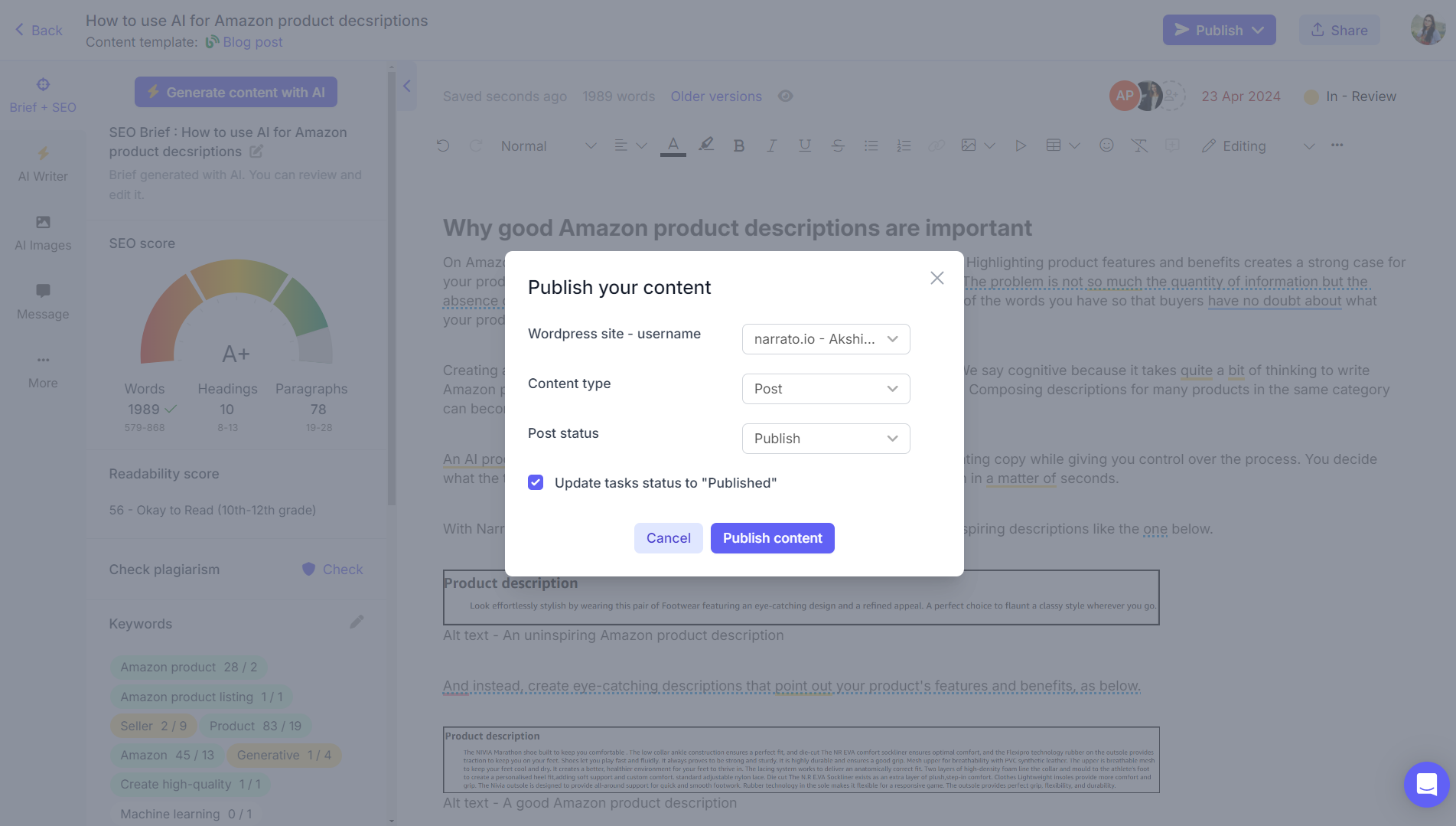 Publish content on WordPress from Narrato