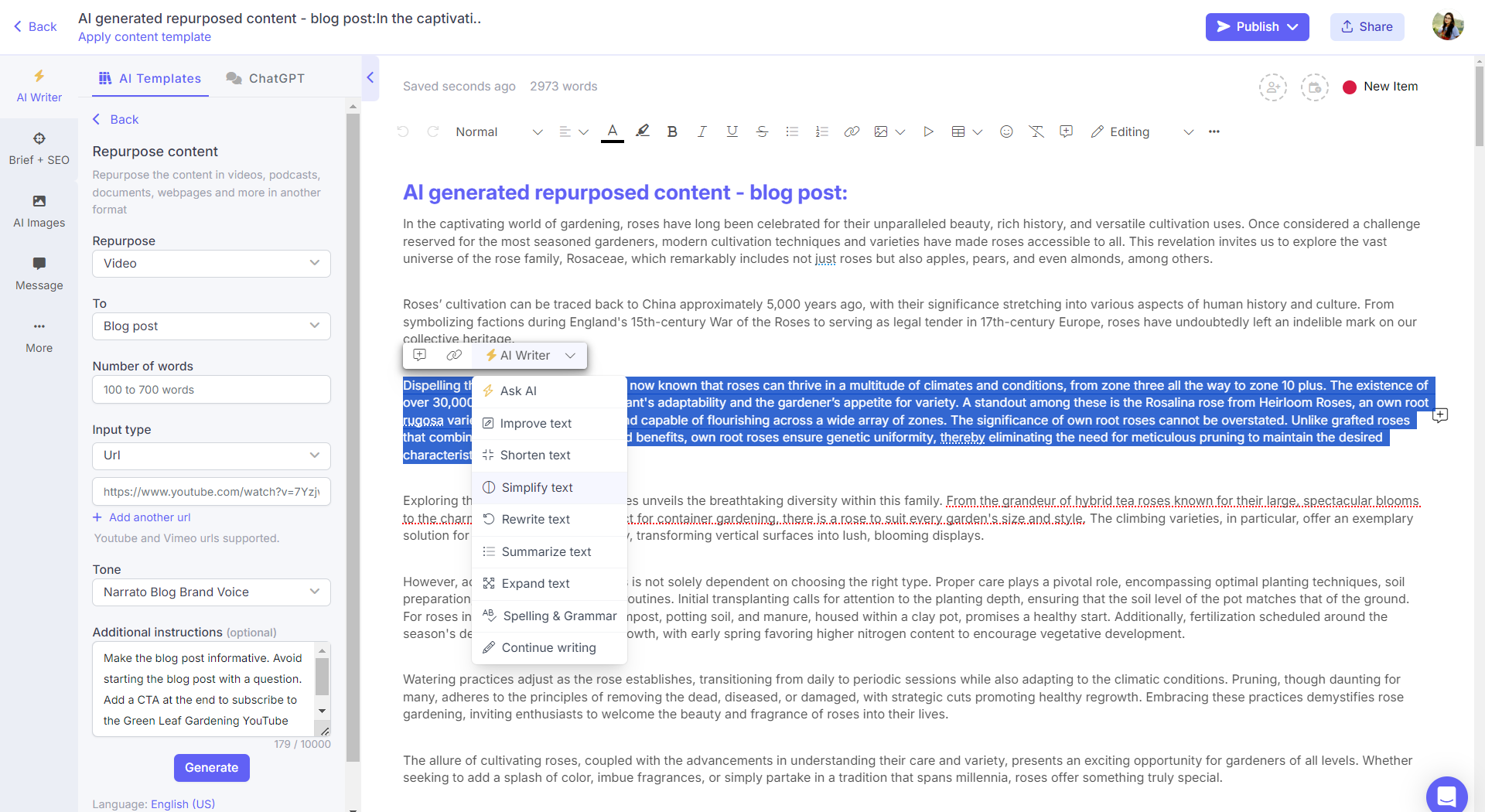AI content repurposing tools on Narrato - Video to blog post
