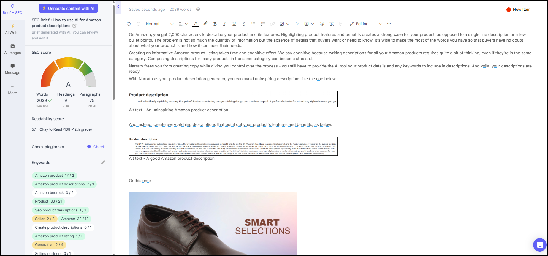 SEO score of existing post as seen on Narrato